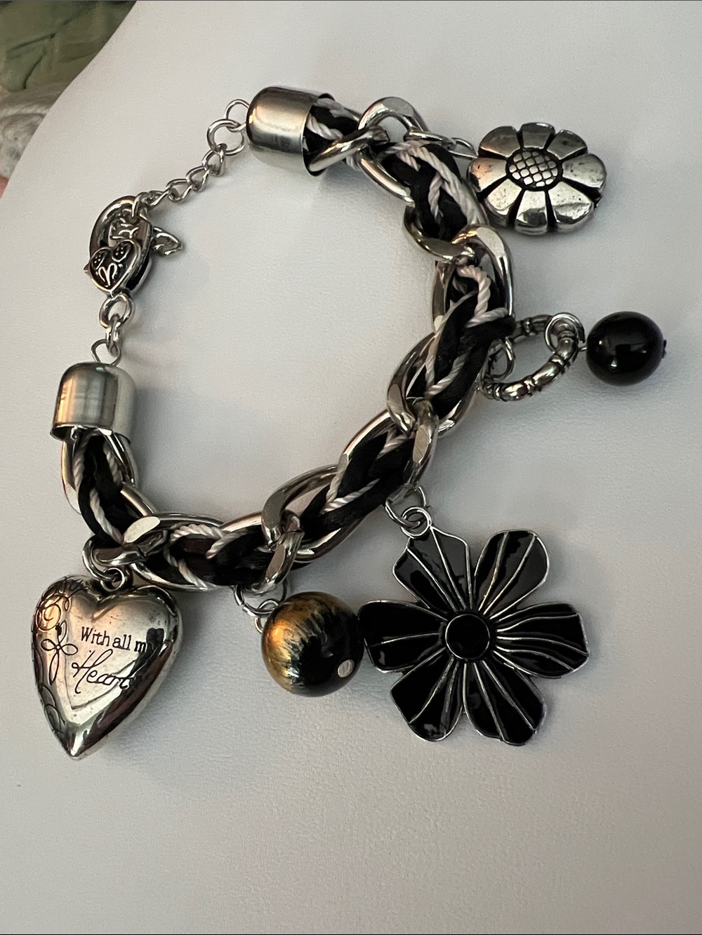 Women's Black and Silver Floral Heart Charm Bracelet